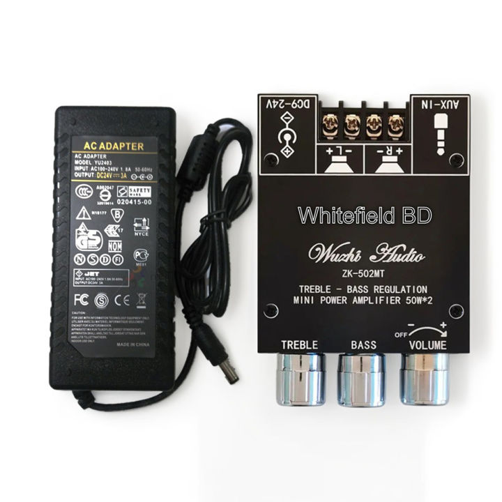ZK-502MT 2*50W Bluetooth AUX Audio Input Power Amplifier Module 5.0 Whit Power Adaptor 24v 2*50W Combo Set