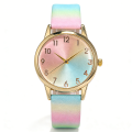 Fashion Women's Gold Gradient Rainbow Watch Pink Blue Dial Leather Strap Quartz Wristwatch. 