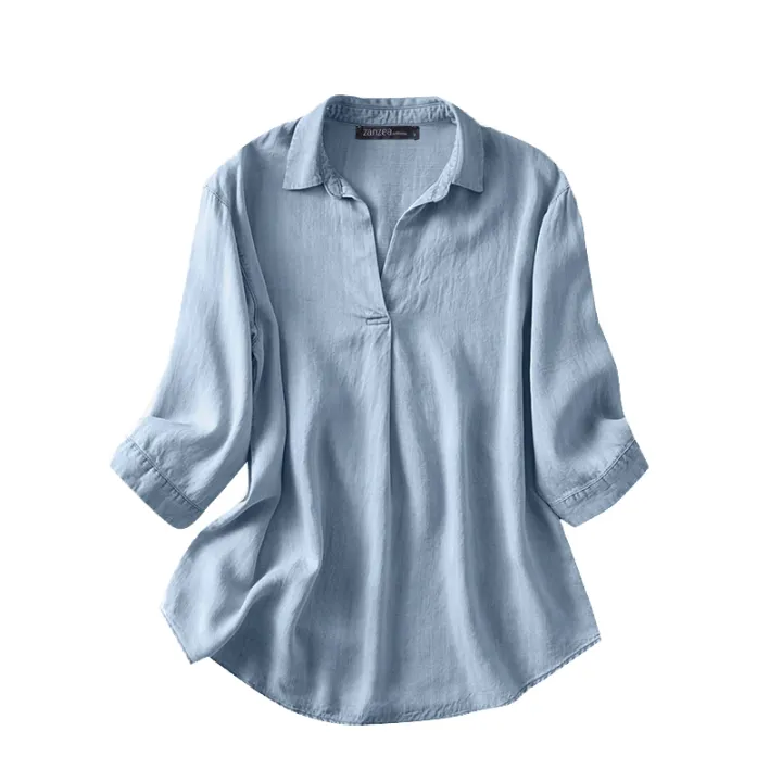 ZANZEA%20Women%20Summer%20V%20Neck%203/4%20Sleeve%20Blouse%20Denim%20Blue%20Shirt%20Elegant%20Solid%20OL%20Work%20Tops%20Casual%20Loose%20Office%20Blusas%20Oversize%20-%20Image%206