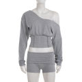 SUCHCUTE Woman 2 Piece Set  Slash Neck Long Sleeve Crop Tops + Shorts Tracksuits Casual Solid Two Piece Outfits Spring 2pcs. 