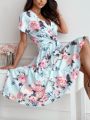 Summer Women's Fashion Flower Print Short Sleeved Dress Elegant V-neck Button Belt Leisure Vacation Dress.