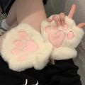 Women Winter Fashion Plush Gloves, Cat Paw Design Half-finger Warm Gloves, Suitable for Office Use Cycling Outdoor Activities.