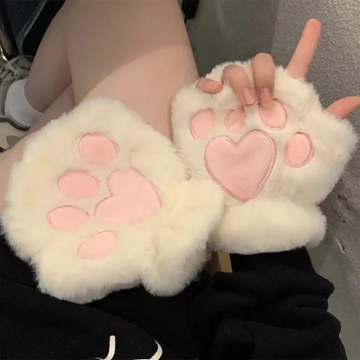 Women%20Winter%20Fashion%20Plush%20Gloves,%20Cat%20Paw%20Design%20Half-finger%20Warm%20Gloves,%20Suitable%20for%20Office%20Use%20Cycling%20Outdoor%20Activities%20-%20Image%203