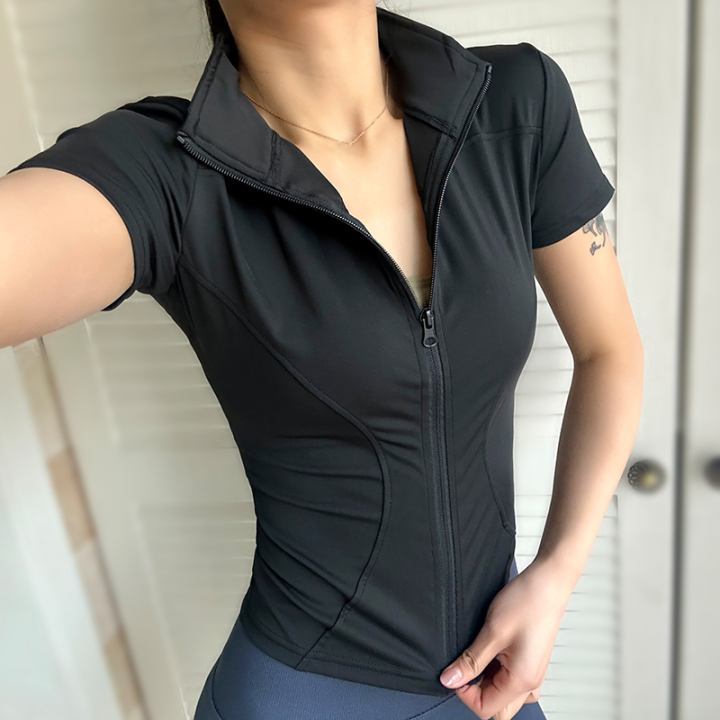 Summer%20High%20Quality%20Waist%20Slimming%20Training%20Tops%20Women's%20Quick-drying%20Tight%20Stand%20Collar%20Full%20Zipper%20Short%20Sleeves%20Yoga%20Shirts%20-%20Image%204