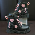 Girls Boots Kids Fashion  Boots Cool Girl Autumn and Winter Cotton Soft Sole Pink with Love Side Zip Princess Round-toe PU. 