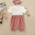 Summer female infant floral print short-sleeved overalls and bow headgear. 