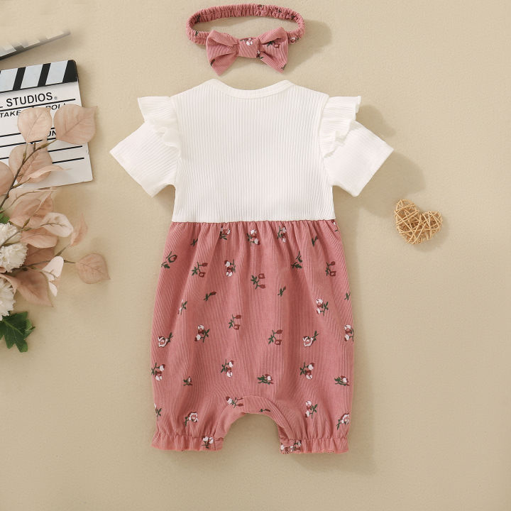 Summer%20female%20infant%20floral%20print%20short-sleeved%20overalls%20and%20bow%20headgear%20-%20Image%202
