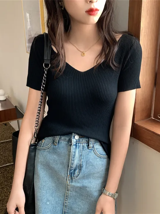 AOSSVIAO%202026%20Basic%20V-neck%20Solid%20Thin%20Summer%20Pullover%20Women%20Female%20Knitted%20Ribbed%20Sweater%20Slim%20Short%20Sleeve%20Bodycon%20Sweater%20-%20Image%207