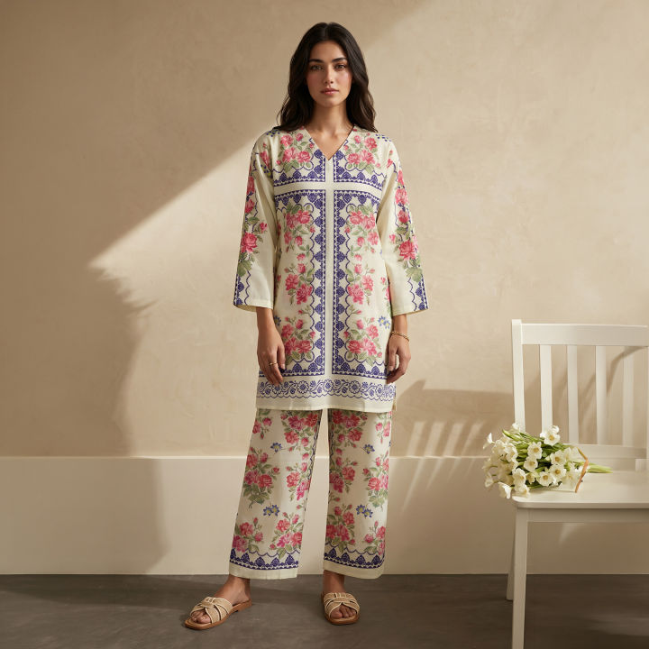 Zellbury Stitched Summer 2 Piece Textured Lawn Kurta Trouser - 2607 Cambric Trouser RTW - Stitched Suit For Women - Dress For Girls - Women Pret - Summer '1.0 - Essential Pret Collection-2026