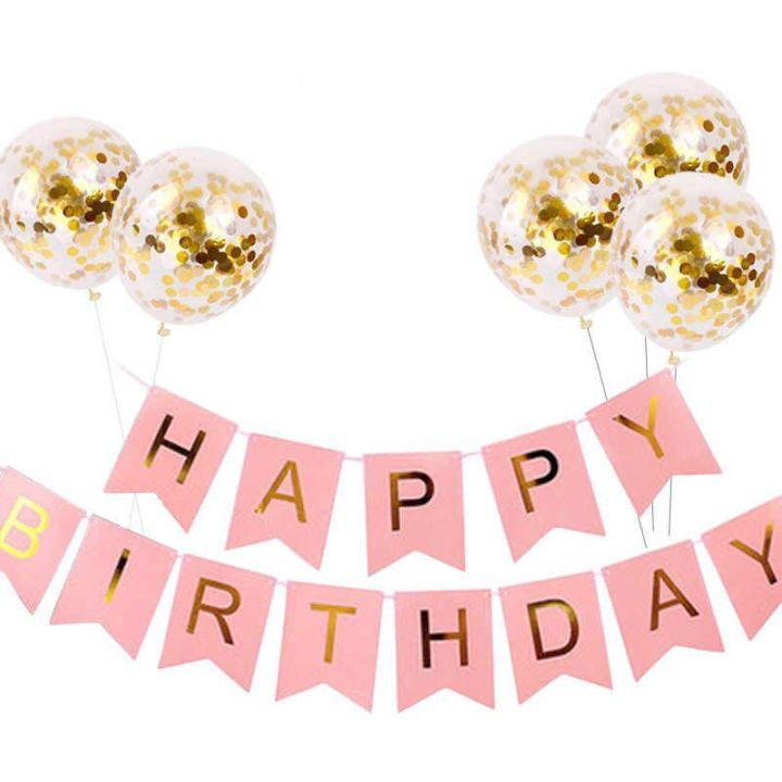 Happy Birthday Banners And Golden Confetti Balloons Theam Sets