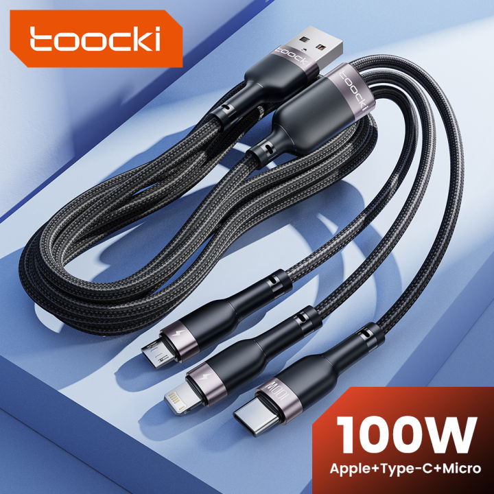 Toocki 3 in 1 USB Cable 6A 100W Micro USB Type C Charging Cable For iPhone 14 13 12 13 Data Cord