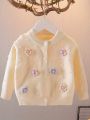 Girls' Embroidered Three-Dimensional Flower Cardigan Sweater, Baby Girl's Autumn Comfortable Soft Versatile Knit Jacket.
