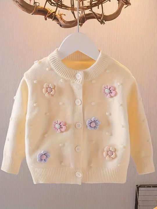 Girls' Embroidered Three-Dimensional Flower Cardigan Sweater, Baby Girl's Autumn Comfortable Soft Versatile Knit Jacket