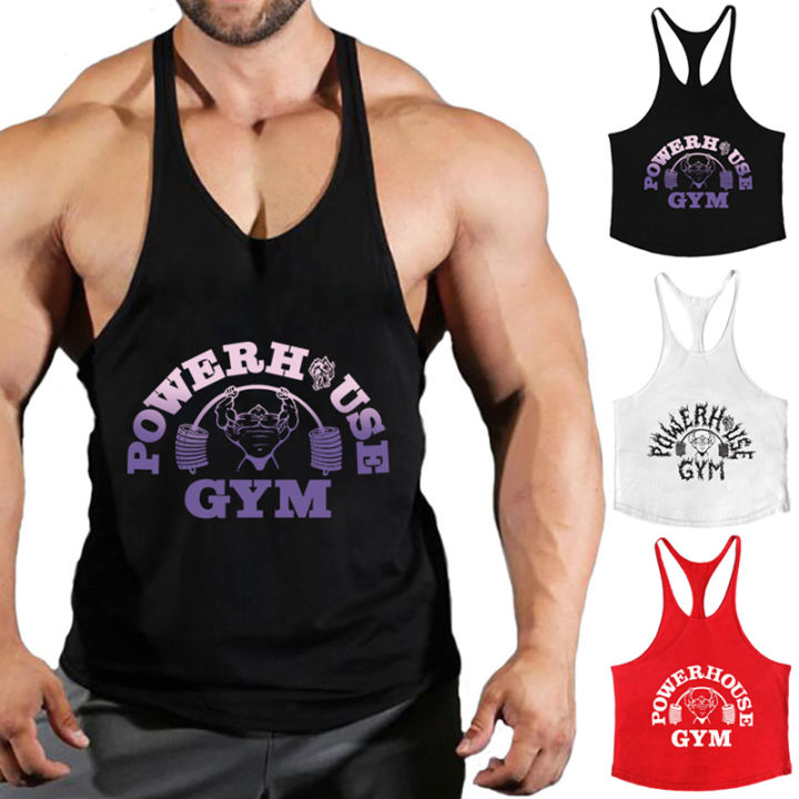 POWERHOUSE GYM Print Stringer Tank Tops for Men Cotton Athletic Y-Back Vest Gym Workout Bodybuilding Sleeveless T-Shirts Tees
