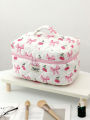 1pc/set Cherry Bow Quilted Makeup Bag, Multifunctional Handheld Makeup Bag, Portable Toiletry Bag Set with Zipper.