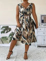 Elegant Plus Size Women's Fashion Print  V-Neck Dress Stylish Commute Slim Fit Sleeveless Dress. 