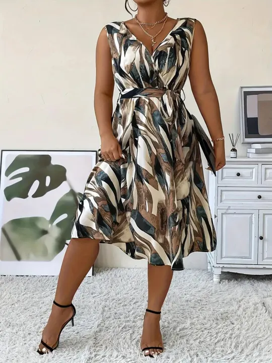 Elegant%20Plus%20Size%20Women's%20Fashion%20Print%20%20V-Neck%20Dress%20Stylish%20Commute%20Slim%20Fit%20Sleeveless%20Dress%20-%20Image%203