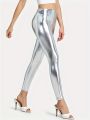 Bright leather nine-point pants high spring silver imitation leather fashion solid color leggings PU leather pants for women. 