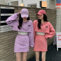 Set of 2 pieces Women's long-sleeved crop top + A-line short skirt Korean-style girl's dress Korean Cute Korean girl set. 