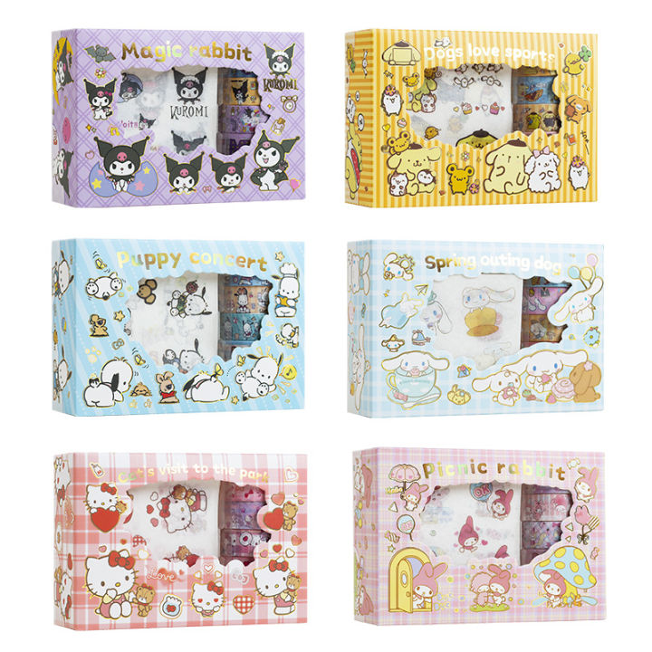 Sanrio Sticker Roll Gift Box Cute Hello Kitty Cinnamoroll Kuromi My Melody Pompompurin Hand Acount Tape Stickers Decal Kids Toys