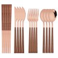 4/12/16Pcs Mirror Gold Cutlery Set Chopsticks Knife Fork Spoon Set Imitation Wooden Handle Korean Dinnerware Luxury Tableware. 