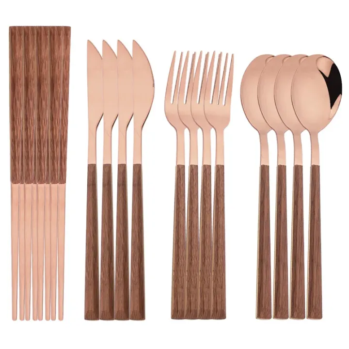 4/12/16Pcs%20Mirror%20Gold%20Cutlery%20Set%20Chopsticks%20Knife%20Fork%20Spoon%20Set%20Imitation%20Wooden%20Handle%20Korean%20Dinnerware%20Luxury%20Tableware%20-%20Image%207