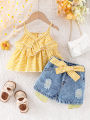 Summer Baby Girls Clothing Set & Denim Shorts Set 2-6Y | Yellow Plaid Ruffled Cami, Distressed Denim with Bow | Soft Breathable.