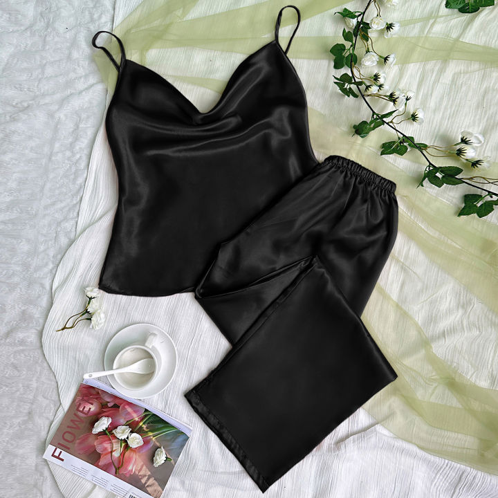 Solid%20Satin%20Pajama%20Set%20%20Draped%20Collar%20Cami%20Top%20%20Elastic%20Waistband%20Pants%20Women's%20Sleepwear%20%20%20Loungewear%20-%20Image%203