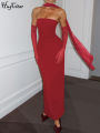 Hugcitar Elegant Scarf Strapless Solid Mesh Gloves  Bodycon Maxi Prom Dress Women Fashion Y2K Outfits Wedding Party Birthday. 