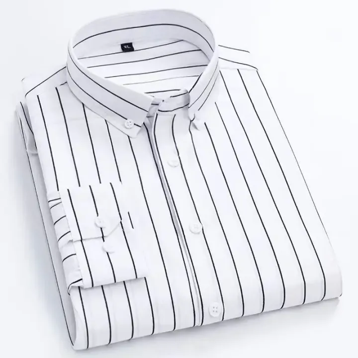 Men's Striped Shirt Long Sleeve Shirts All-Match Slim Fit Korean Print Shirt Non-iron Casual Business Dress Shirts Blue Clothing