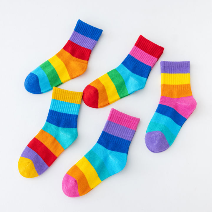5%20Pairs%20Girl's%20Rainbow%20Pattern%20Socks%20Cotton%20Comfortable%20Breathable%20Soft%20Kids%20Socks%20-%20Image%204