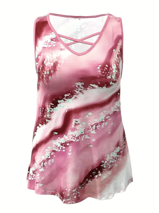 Plus%20Size%20Marble%20Print%20Tank%20Top%20Casual%20Criss%20Cross%20Sleeveless%20V%20Neck%20Top%20For%20Summer%20&%20Spring%20Women's%20Plus%20Size%20Clothing%20-%20Image%202