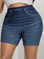 Plus Size High Waisted Bike Shorts Women's Faux Denim Printed Stretch Leggings Comfortable Casual Fashion.