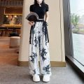 Women's Thin Casual Ice Silk Chiffon Wide Leg Pants 2025 Summer New Style Strap Drop Straight Tube Floor Trousers Korean Women.