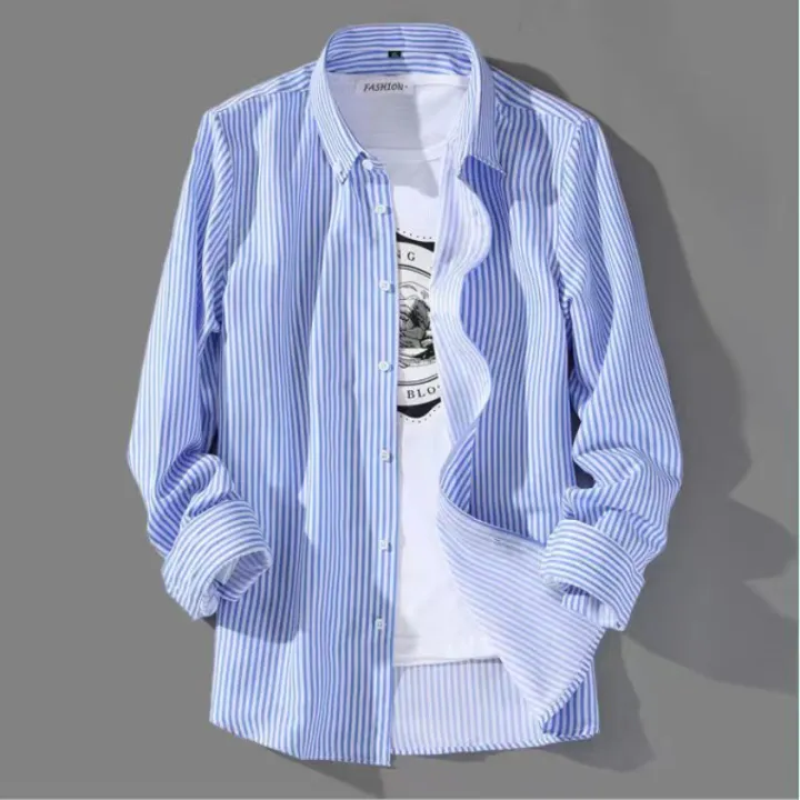 Fashionable Men's Blue White Striped Shirt All-Match Non-iron Korean Style Print Slim Fit Long Sleeve Dress Shirts for Man 38-44