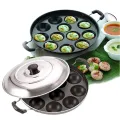 Non Stick Kuzhi Paniyaram Maker/Appam Maker/ Patra Paniyaram Pan with Lid - 12 Scoops. 