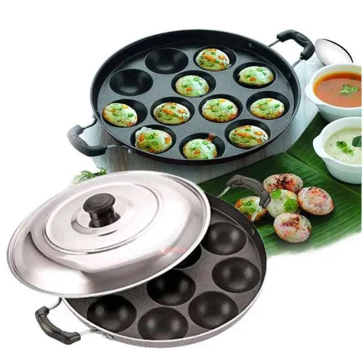 Non Stick Kuzhi Paniyaram Maker/Appam Maker/ Patra Paniyaram Pan with Lid - 12 Scoops