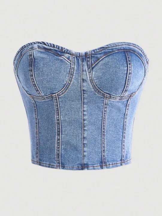 European%20style%20plunging%20neck%20denim%20spring%20new%20style%20%20and%20intense%20allure%20fitted%20waist%20shaping%20design%20-%20Image%203