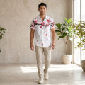 Sunnyheart Shirt for Men - Summer Wear Polyester Shirt, Ink & Wash Plum Blossom Flower Print Top in White Color. 
