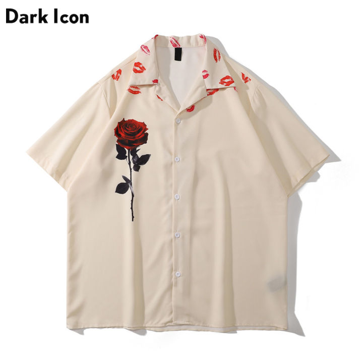 Lips Rose Printed Button Down Collar Men's Hawaiian Shirts Thin Material Vintage Shirts for Men Outerwear Shirts Male Top 2023 S