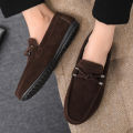 2026 Summer Casual Fashion Driving Loafers Suede Leather Minimalist Slip-Ons Comfortable Trendy Work Shoes Black & Khaki Two-Ton.