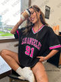2026 Summer Retro Los Angeles No.91 Print T-Shirt For Women Short Sleeve V-Neck Sports Football Jersey Y2K Loose Oversized Tops. 