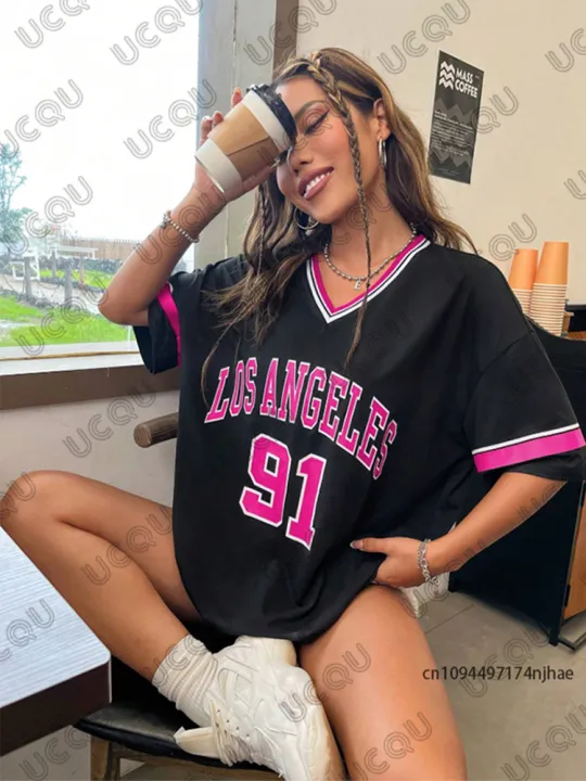 2026%20Summer%20Retro%20Los%20Angeles%20No.91%20Print%20T-Shirt%20For%20Women%20Short%20Sleeve%20V-Neck%20Sports%20Football%20Jersey%20Y2K%20Loose%20Oversized%20Tops%20-%20Image%203