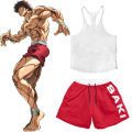 Anime Hanma Baki Set Print Shorts+Vest Performance Streetwear Beach Shorts Casual Loose Men Elastic Waist Shorts White Vest Set.