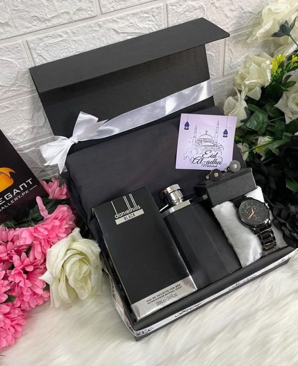 4 in 1 Gift box For Your Man , cottan & Washing wear Both are available, All colours are available (unstiched suit, watch, perfume, Cufflink)
