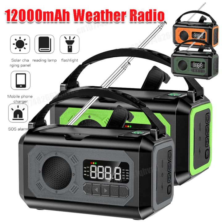 12000mAh Emergency Weather Radio with 2 Solar Panels Hand Crank Radio AM/FM/NOAA Weather Radio Reading Lamp for Outdoor Survival