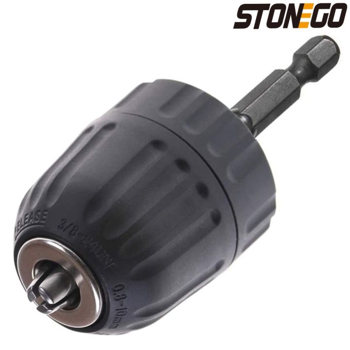 STONEGO 0.8-10mm Keyless Drill Chuck Converter 3/8"- 24UNF Thread Quick Change Adapter 1/4" Hex Shank