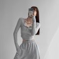 Womens Long Sleeve T Shirts Button V Neck Solid Color Ladies Slim Fit Fashion T-Shirt Women's Casual Basic Cropped Tops.
