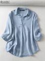 ZANZEA Women Summer V Neck 3/4 Sleeve Blouse Denim Blue Shirt Elegant Solid OL Work Tops Casual Loose Office Blusas Oversize. 