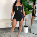 Women's solid color suspender hollow out heart-shaped hip hugging dress. 